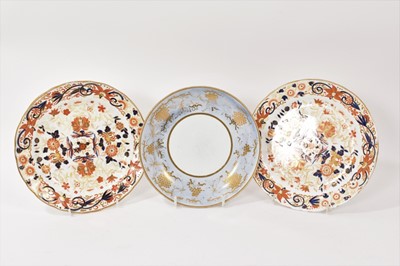 Lot 187 - Pair of Wedgwood bone china plates, decorated in Imari style, and a saucer dish, decorated in pale blue and gilt