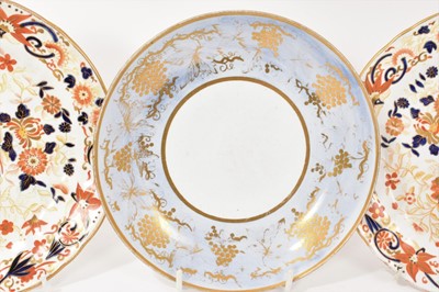 Lot 86 - Pair of Wedgwood bone china plates, decorated in Imari style, and a saucer dish, decorated in pale blue and gilt