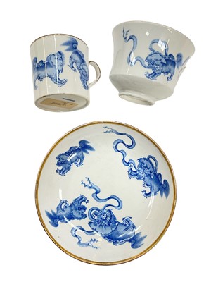 Lot 175 - Wedgwood bone china trio, printed in blue in Chinese style