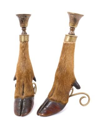 Lot 991 - Pair of late Victorian Rowland Ward deer slot candlesticks, engraved 'Glengarron 1899', stamped marks, 30cm high