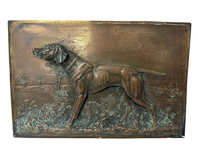 Lot 979 - Fritz Diller (German, 1875-1946) copper embossed plaque depicting a Pointer, signed, 20.5cm x 30.5cm