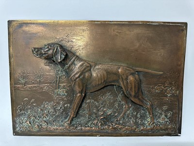 Lot 979 - Fritz Diller (German, 1875-1946) copper embossed plaque depicting a Pointer, signed, 20.5cm x 30.5cm
