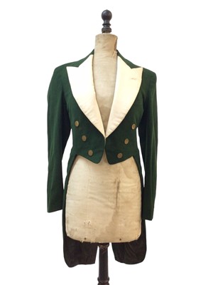 Lot 992 - Vintage Gamages Beagling green tailcoat with white silk lapels, brass buttons engraved with a hare and S.H.B., together with a collection of loose Firmin beagling brass buttons