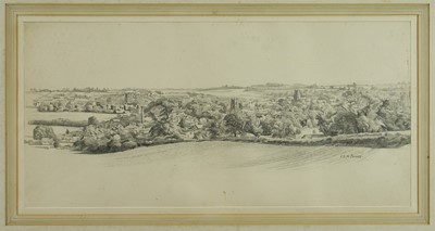 Lot 1026 - Louis Prince (act.1923-1959) pencil on paper - Sudbury from the Top of Ballingdon Hill, c.1960, signed, Gainsborough's House 2007 Exhibition label verso, 24cm x 51cm, in glazed frame