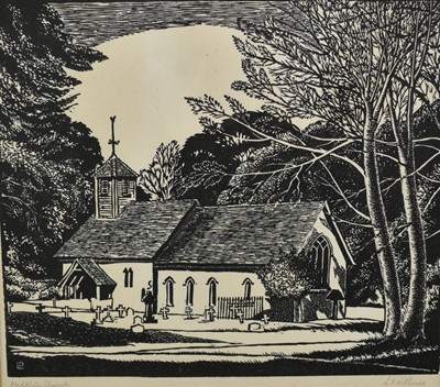 Lot 95 - Louis Prince (act.1923-1959) linocut  - Middleton Church, signed and titled below in pencil, and signed to plate, 25cm x 29.5cm, in glazed frame