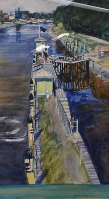 Lot 1061 - William Bowyer (1926-2015) watercolour - Thames scene, signed and dated '82, 73cm x 41cm, in glazed frame