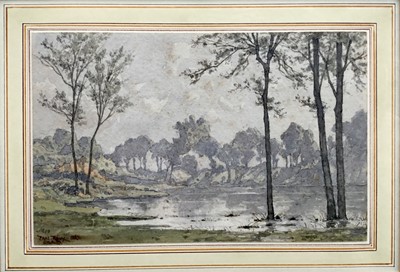 Lot 146 - Paul Louis Joseph Roux watercolour, Trees by a pool, signed and dated 1883