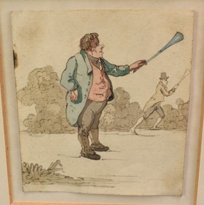 Lot 962 - Isaac Cruikshank (1756-1811) watercolour- Man playing cup and ball, 10cm x 9cm, in glazed gilt frame