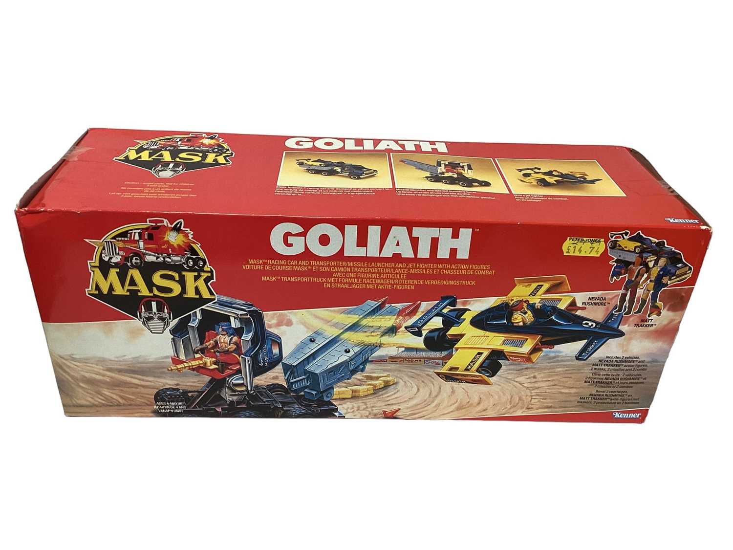 Lot 100 - Kenner Parker (1987) M.A.S.K. Original Series 3 Vehicle Goliath Racing Car and Transporter/Missile Launcher and Jet Fighter with action figures Nevada Rushmore & Matt Trakker, in sellotaped box (1)