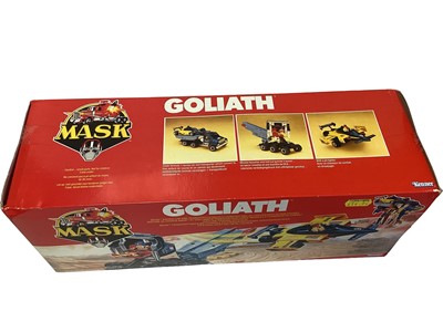 Lot 100 - Kenner Parker (1987) M.A.S.K. Original Series 3 Vehicle Goliath Racing Car and Transporter/Missile Launcher and Jet Fighter with action figures Nevada Rushmore & Matt Trakker, in sellotaped box (1)