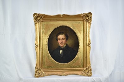 Lot 928 - Ambrosini Jérôme (1810–1883), pair of oils on canvas laid on panel - Portraits of a Lady and Gentleman, oval 24cm x 20cm, in later gilt frames