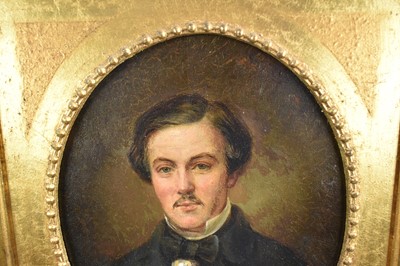 Lot 928 - Ambrosini Jérôme (1810–1883), pair of oils on canvas laid on panel - Portraits of a Lady and Gentleman, oval 24cm x 20cm, in later gilt frames