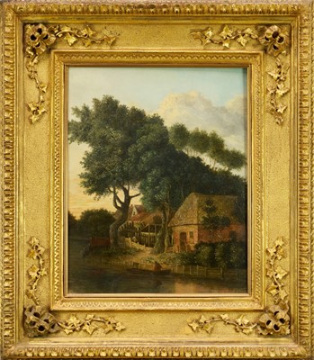 Lot 1239 - Attributed to John Crome (1768-1821) oil on panel - Scene on the Wensum in Norwich at Gibraltar Inn, 53cm x 40cm, in good carved gilt wood frame