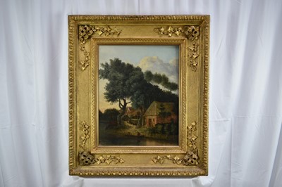 Lot 1239 - Attributed to John Crome (1768-1821) oil on panel - Scene on the Wensum in Norwich at Gibraltar Inn, 53cm x 40cm, in good carved gilt wood frame