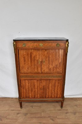 Lot 1447 - A French Louis XVI style ormolu mounted marquetry kingwood marble topped secretaire cabinet