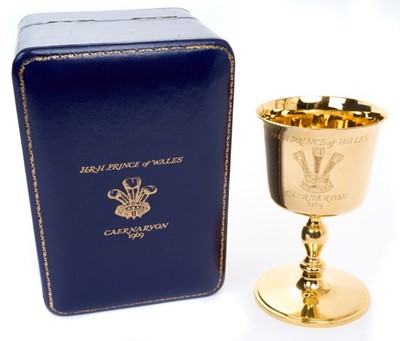 Lot 130 - Fine and rare 18ct gold chalice to commemorate the investiture of H.R.H.Prince Charles as Prince of Wales at Caernarvon Castle in 1969, in fitted box, 9/250