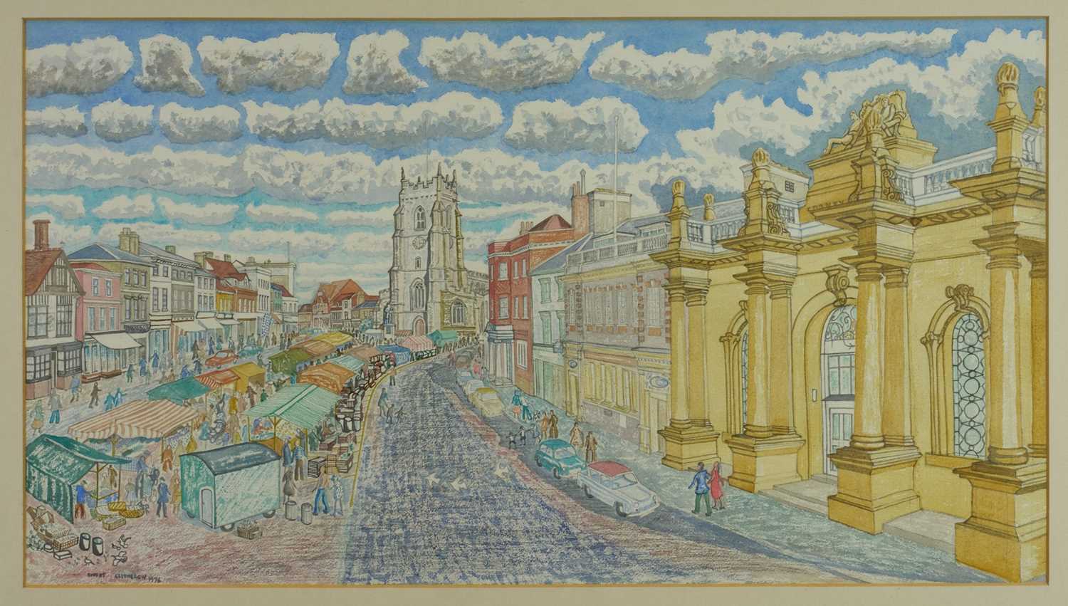 Lot 1045 - Robert Clitherow (b.1942) watercolour on paper - Market Hill, Sudbury, signed and dated 1976, Gainsborough's House 2007 Exhibition label verso, 41cm x 74cm, in glazed frame