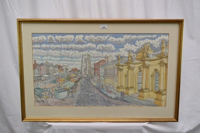 Lot 1045 - Robert Clitherow (b.1942) watercolour on paper - Market Hill, Sudbury, signed and dated 1976, Gainsborough's House 2007 Exhibition label verso, 41cm x 74cm, in glazed frame