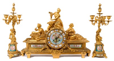 Lot 709 - Fine quality large 19th century French ormolu clock garniture by Lerolle à Paris with Sèvres porcelain panels
