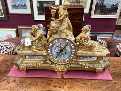 Lot 709 - Fine quality large 19th century French ormolu clock garniture by Lerolle à Paris with Sèvres porcelain panels