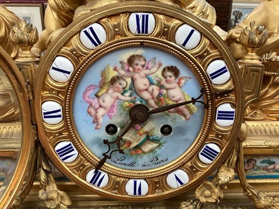 Lot 709 - Fine quality large 19th century French ormolu clock garniture by Lerolle à Paris with Sèvres porcelain panels