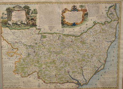 Lot 1088 - Mid 18th century hand coloured engraved map by Emanuel Bowen, 'Suffolk Divided into its Hundreds, 52cm x 70cm, in glazed frame