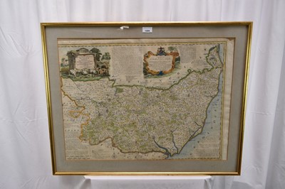 Lot 1088 - Mid 18th century hand coloured engraved map by Emanuel Bowen, 'Suffolk Divided into its Hundreds, 52cm x 70cm, in glazed frame