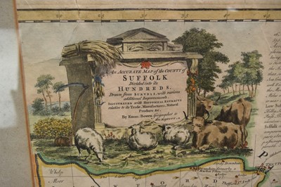 Lot 1088 - Mid 18th century hand coloured engraved map by Emanuel Bowen, 'Suffolk Divided into its Hundreds, 52cm x 70cm, in glazed frame