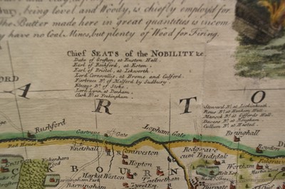 Lot 1088 - Mid 18th century hand coloured engraved map by Emanuel Bowen, 'Suffolk Divided into its Hundreds, 52cm x 70cm, in glazed frame