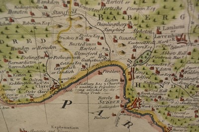 Lot 1088 - Mid 18th century hand coloured engraved map by Emanuel Bowen, 'Suffolk Divided into its Hundreds, 52cm x 70cm, in glazed frame