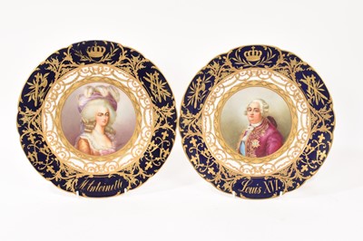 Lot 223 - Pair of 19th century French Sèvres porcelain cabinet plates with finely painted polychrome portraits of King Lois XVI and Marie Antoinette