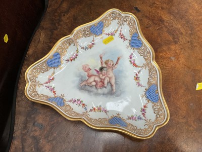 Lot 737 - 19th century Dresden porcelain trefoil dish, finely painted with cherubs on scale blue and gilt borders with polychrome floral festoons