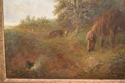 Lot 1220 - Edward Smythe (1810-1899) oil on canvas - Woodland Campfire with a Pony and Dockey looking on, signed, 51cm x 76.5cm, in gilt frame