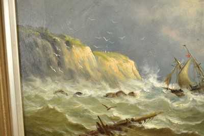 Lot 1221 - John Moore of Ipswich (1820-1902) oil on canvas - Shipwreck off the Northumbrian Coast, 31cm x 36cm, in gilt frame