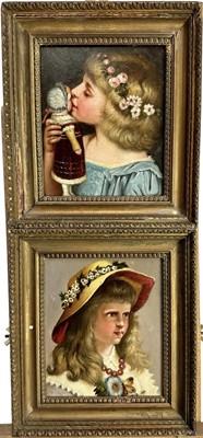 Lot 195 - Pair of late Victorian English School oils on copper panels - portraits of young girls, one kissing her doll, 18cm x 15.5cm, in gilt frames