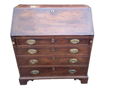 Lot 1220 - Georgian mahogany bureau with fitted interior and four drawers below, 92cm wide, 51cm deep, 100cm high