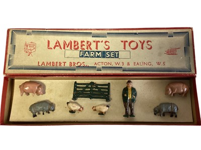 Lot 197 - Lambert Toys Vintage Farm Box Set with Farmer, Pigs, Sheep, Chickens and Fence Hurdle (1)