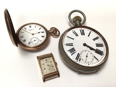 Lot 195 - Goliath pocket watch, gold plated full hunter Waltham pocket watch and a Rotary 9ct gold cased wristwatch (3)