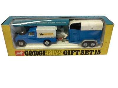 Lot 190 - Corgi Gift Set 4 diecast Country Farm Set GS4, Gift Set 15 Land Rover and Rice's Beaufort Double Horse Box & Tipper Trailer No.56, all in window boxes (3)