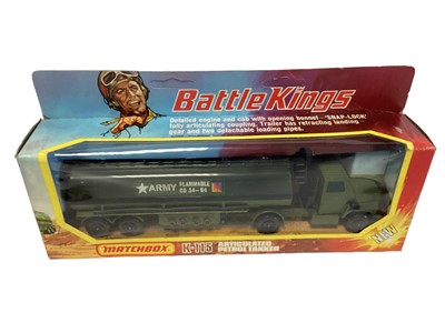 Lot 187 - Matchbox Battle Kings diecast military vehicles including Articulated Petrol Tanker K-115, Armoured Mobile Crane K-113 & Recovery Vehicle K-110,  all in window boxes (3)