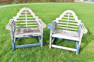 Lot 1401 - Pair of small size Lutyens style benches, blue painted, approximately 93cm wide