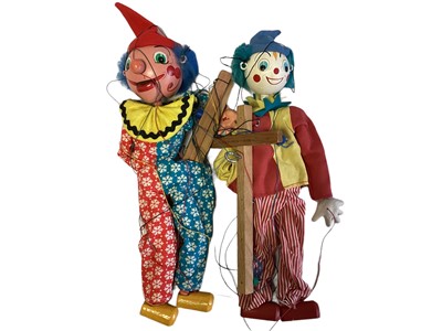 Lot 29 - Pelham Puppet "Turnip", boxed and two other clowns, plus plastic stick men Clowns (qty)