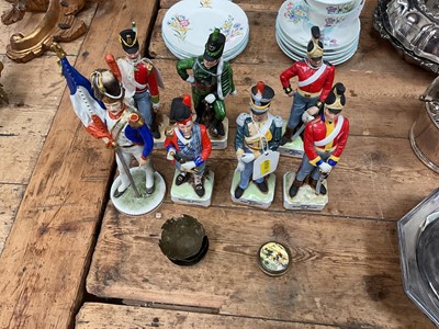 Lot 27 - Group of seven porcelain military figures together with a Middle Eastern mother of pearl pill box and three brass dishes.