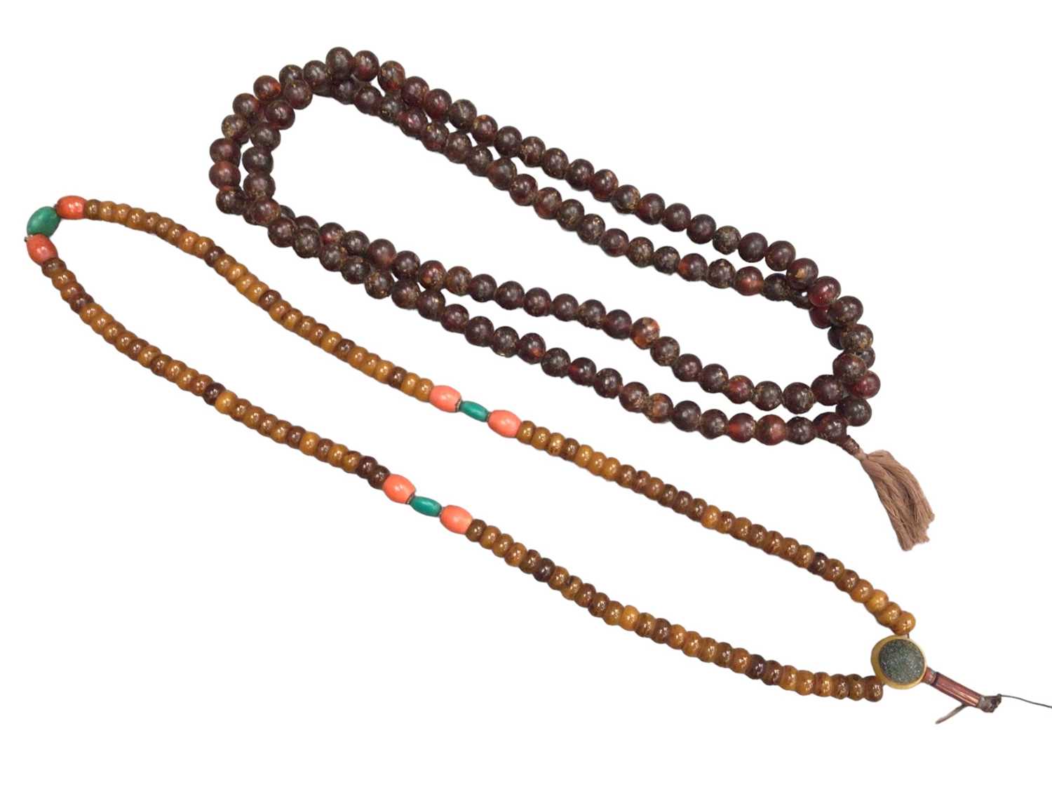 Lot 1030 - Two large Tibetan simulated and reconstituted amber prayer bead necklaces