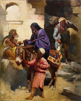 Lot 1076 - After Franz Wurbel (1822-1900) oil on canvas - Orientalist scene, The Beggar, bearing signatures, 97cm x 76cm, unframed