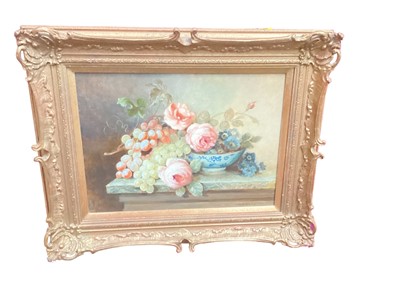 Lot 398 - M. H. Wenn - oil on board in gilt frame- still life with a delft bowl of flowers and fruit