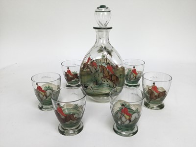 Lot 956 - Good quality set of six tumblers with matching whiskey decanter, each with painted hunting scenes