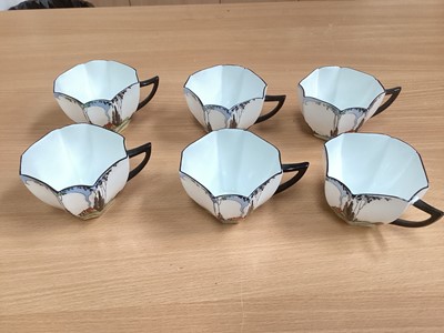 Lot 1139 - Art Deco Shelley tea set, Queen Anne shape, decorated with a cottage and pluming smoke, pattern 11604