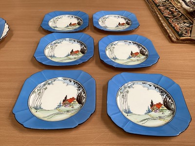 Lot 1139 - Art Deco Shelley tea set, Queen Anne shape, decorated with a cottage and pluming smoke, pattern 11604