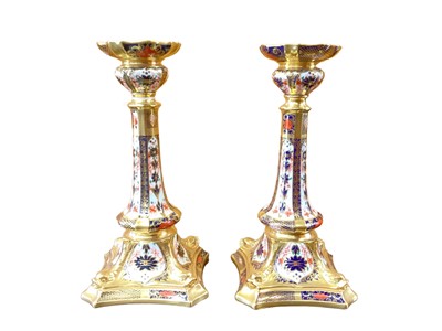 Lot 1132 - Pair of Royal Crown Derby Imari candlesticks, pattern 1128, 26.5cm high